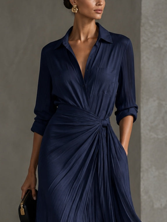 Gabriella | Elegante Vestito Camicia Maxi Blu Marino Annodato