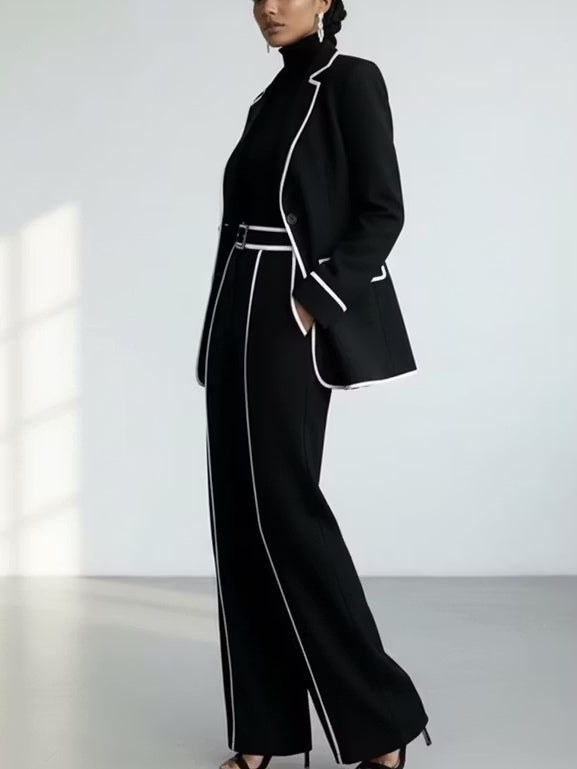 Claudia | Completo di Due Pezzi con Blazer a Righe Nere a Contrasto e Pantaloni a Gamba Larga