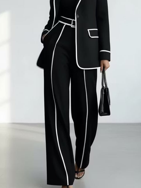 Claudia | Completo di Due Pezzi con Blazer a Righe Nere a Contrasto e Pantaloni a Gamba Larga