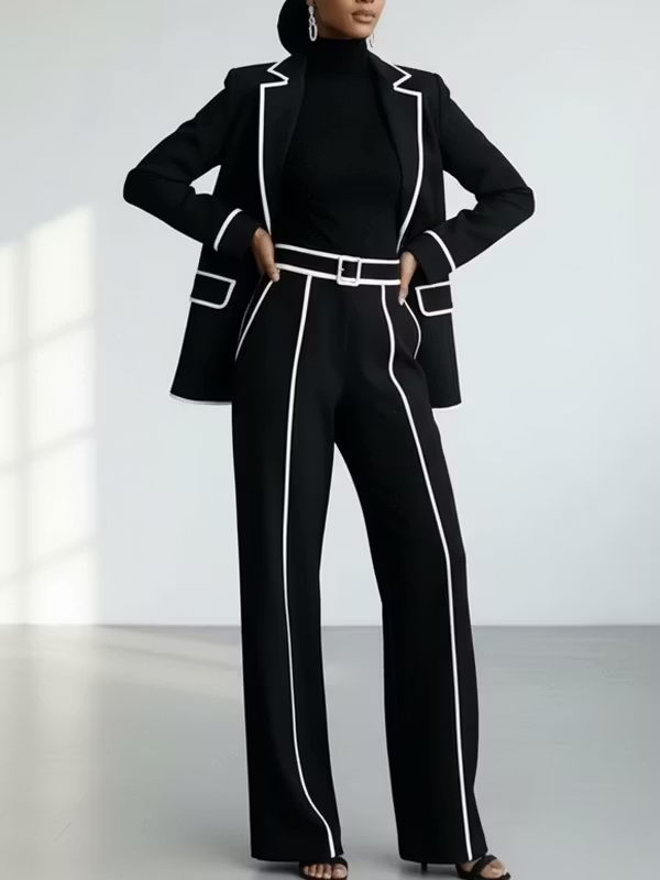 Claudia | Completo di Due Pezzi con Blazer a Righe Nere a Contrasto e Pantaloni a Gamba Larga