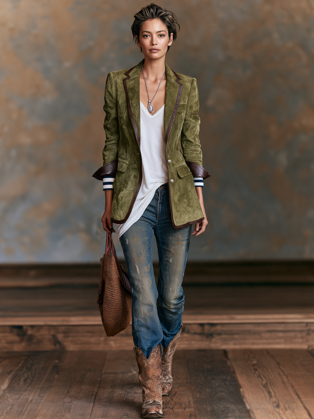 Blazer in velluto Vintage con Rifiniture in Pelle Rossa
