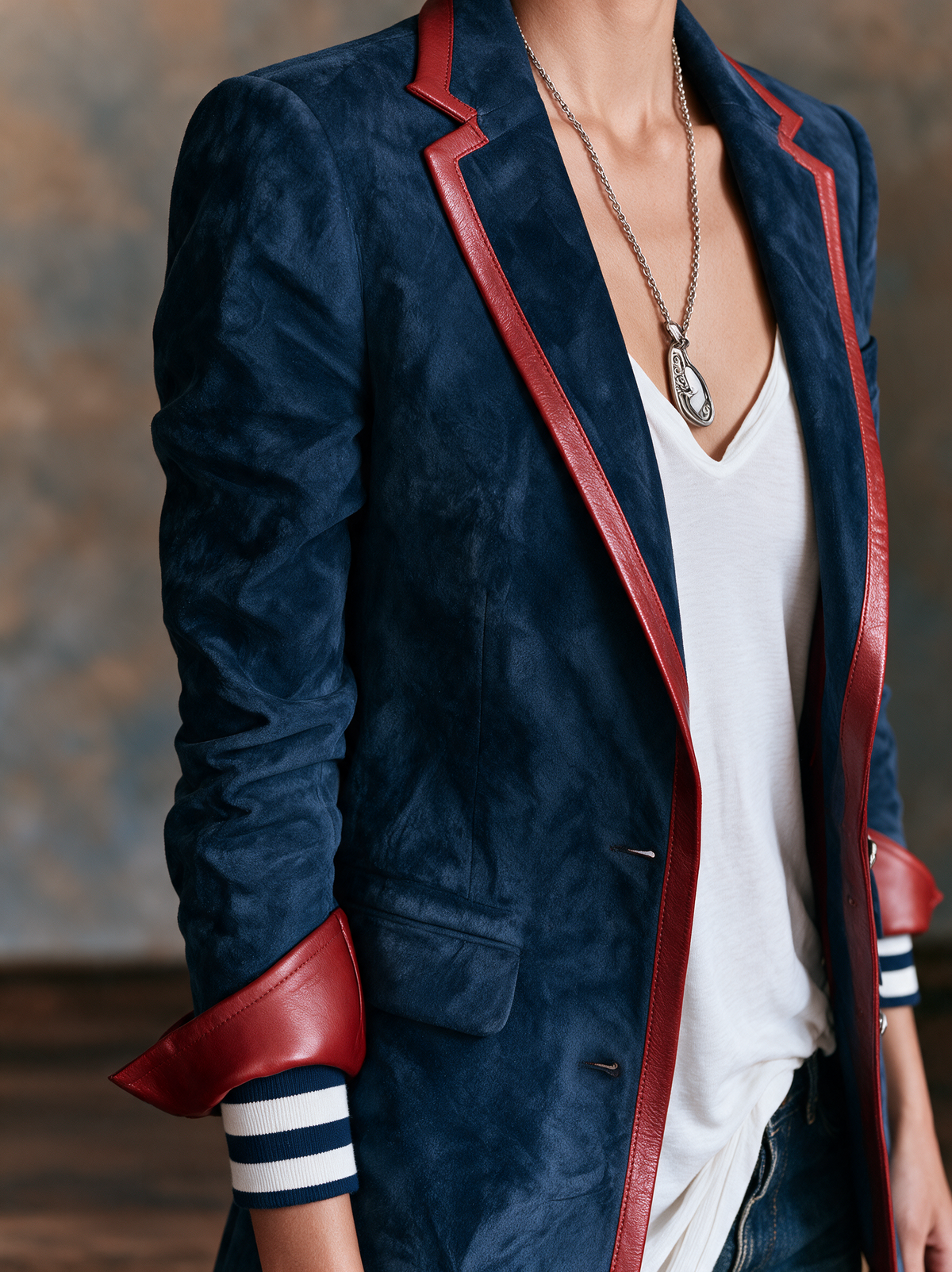 Blazer in velluto Vintage con Rifiniture in Pelle Rossa