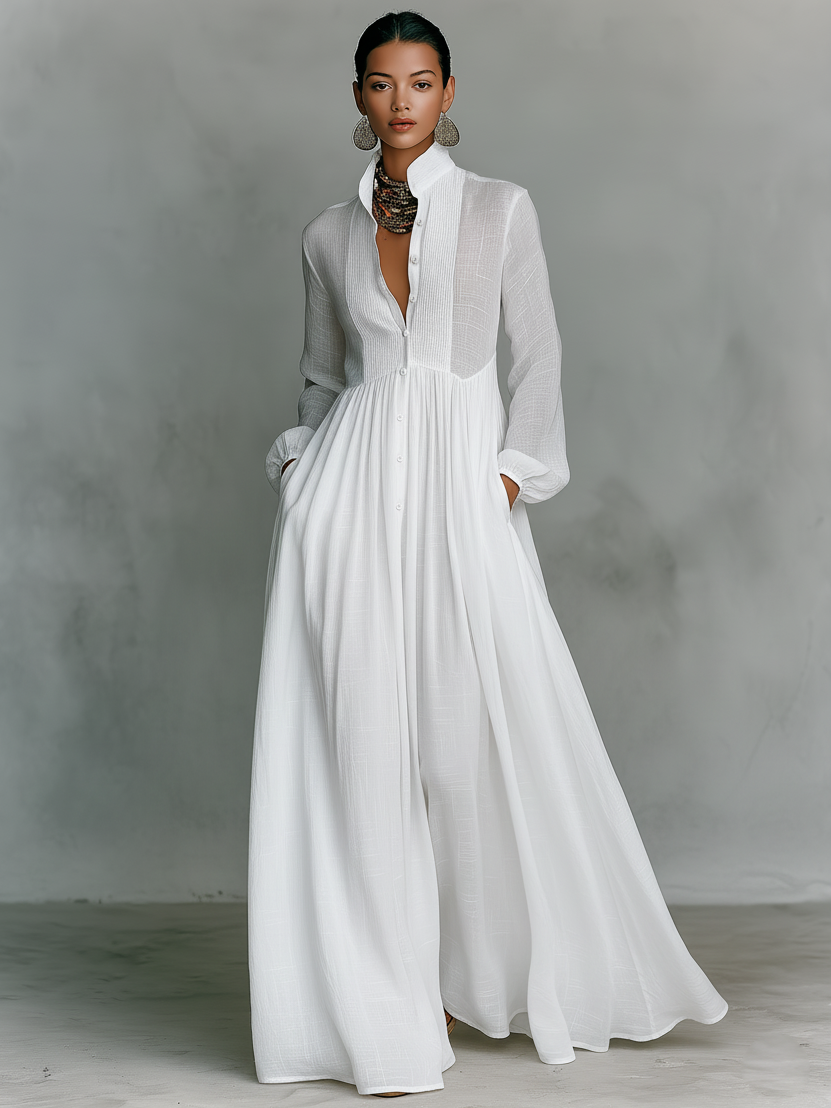 Genevieve | Maxi Dress con Collo Alto e Bottoni