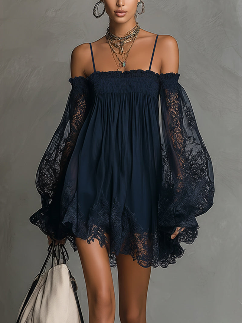 Noemi™ | Mini Abito in Chiffon Pizzo Blu Navy