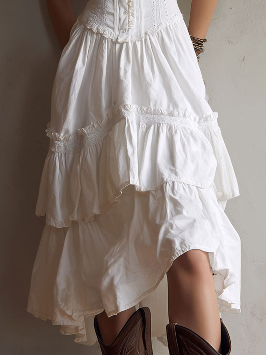 Abito Midi a Balze in Stile Boho Retro con Pizzo