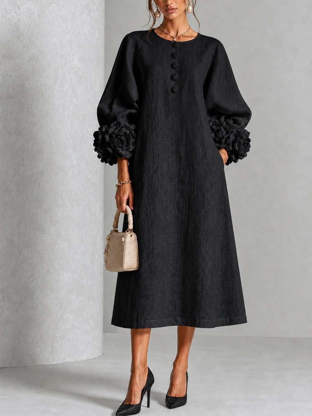 IVY | Abito Midi Floreale con Maniche a Cuffia a Rosa