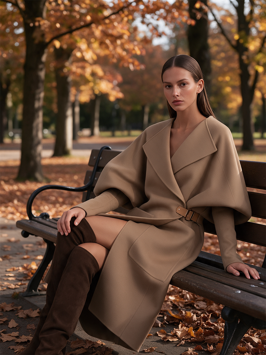 Cappotto lungo in lana con cintura in pelle, maniche a sbuffo e collo oversize per donna