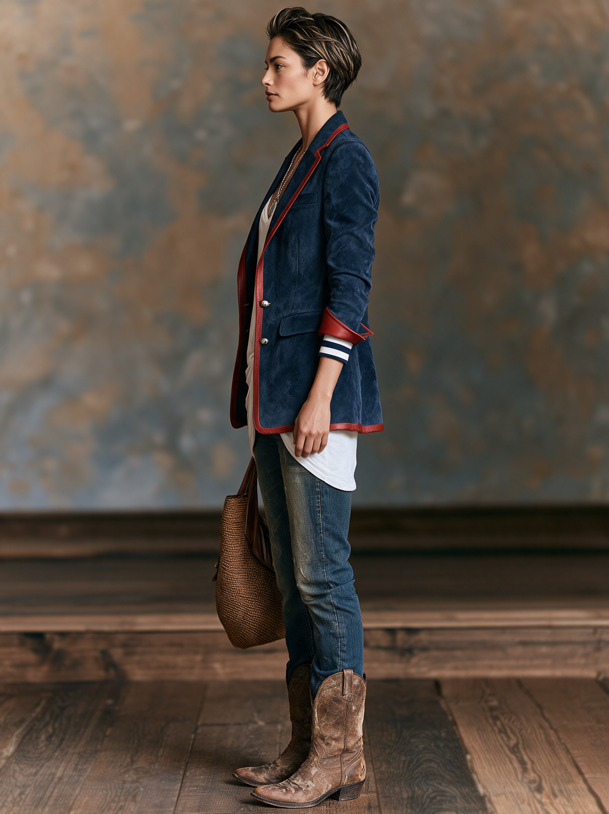 Blazer in velluto Vintage con Rifiniture in Pelle Rossa