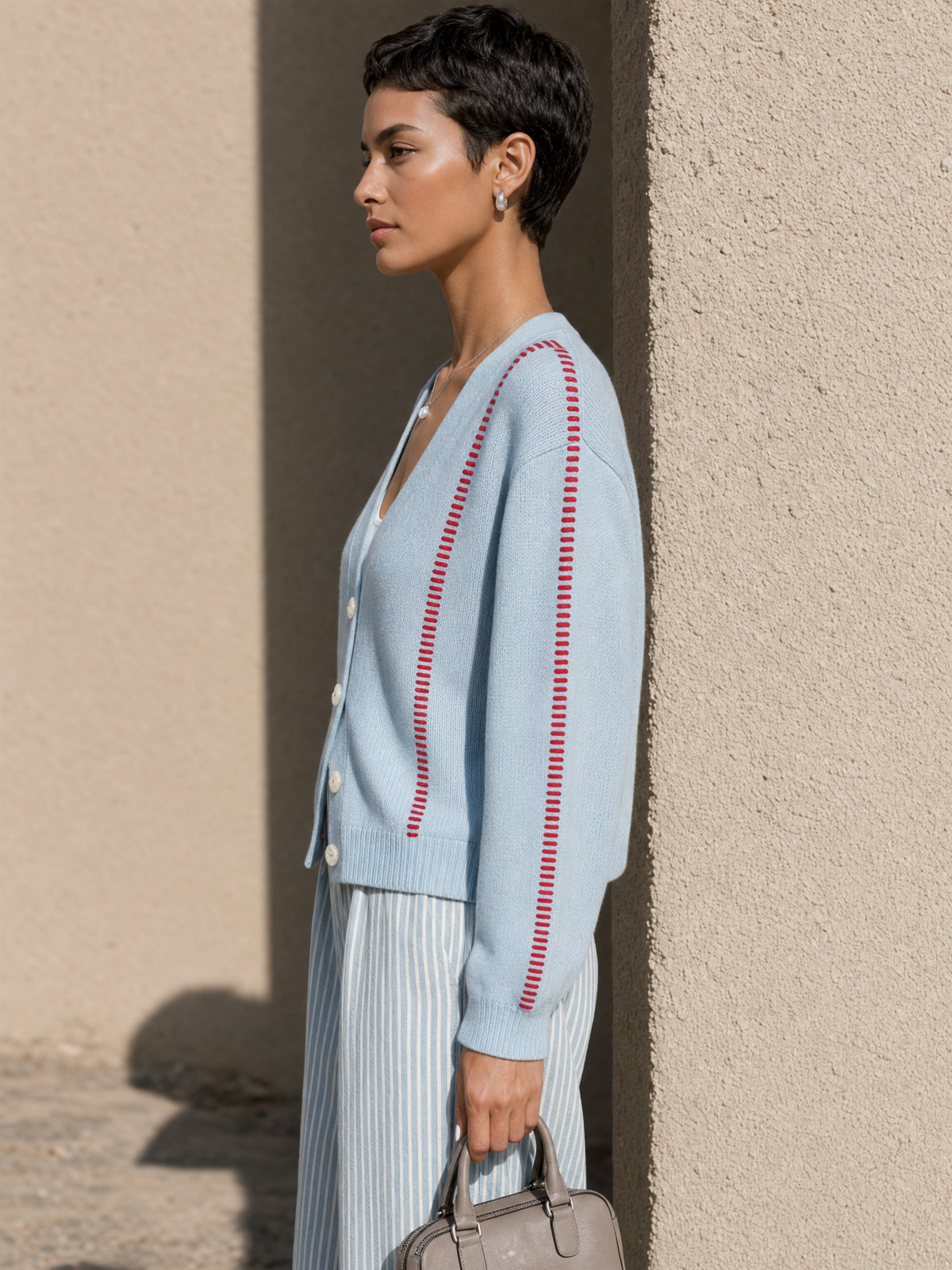 Cardigan Casual V-Neck con Cucitura a Contrasto da Donna