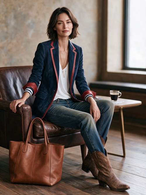 Blazer in velluto Vintage con Rifiniture in Pelle Rossa