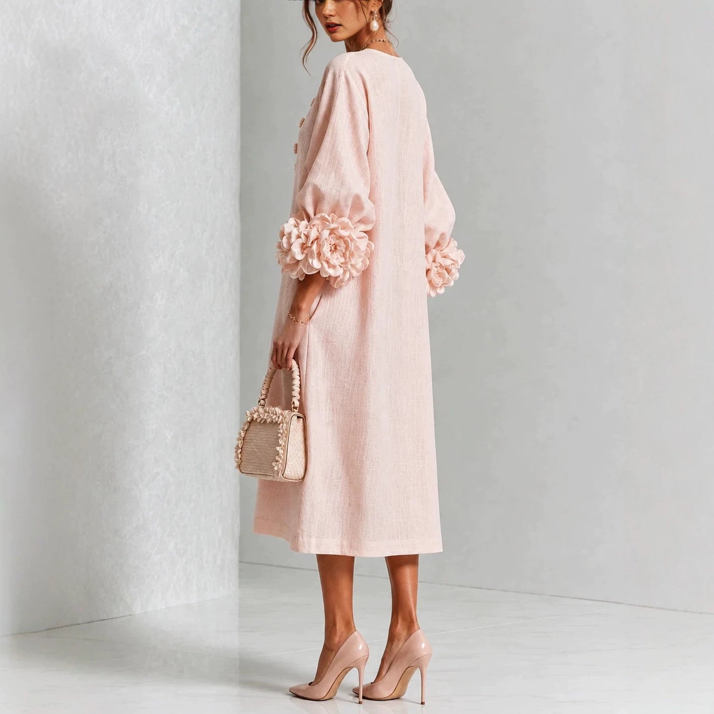 IVY | Abito Midi Floreale con Maniche a Cuffia a Rosa
