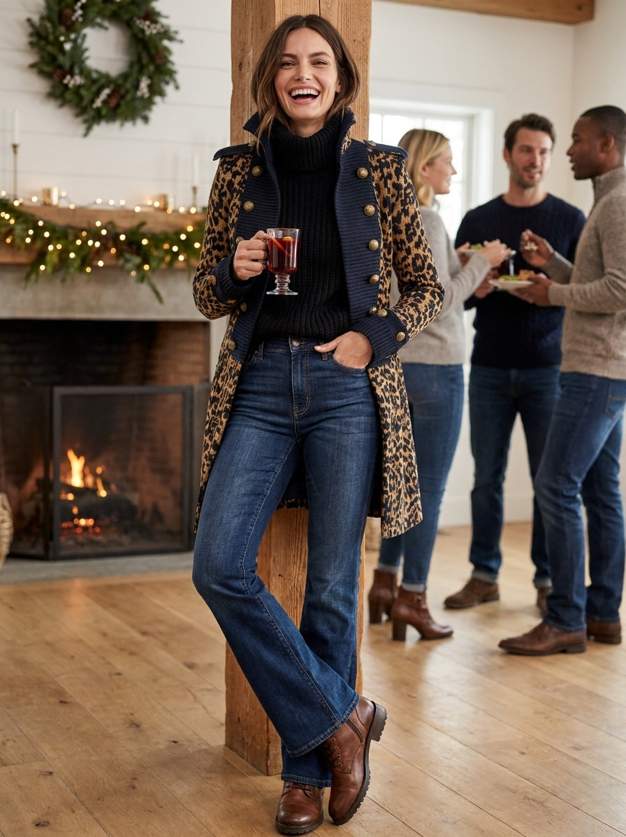 Cardigan da Donna in Stile Napoleon con Stampa Leopardo e Color-Block Vintage