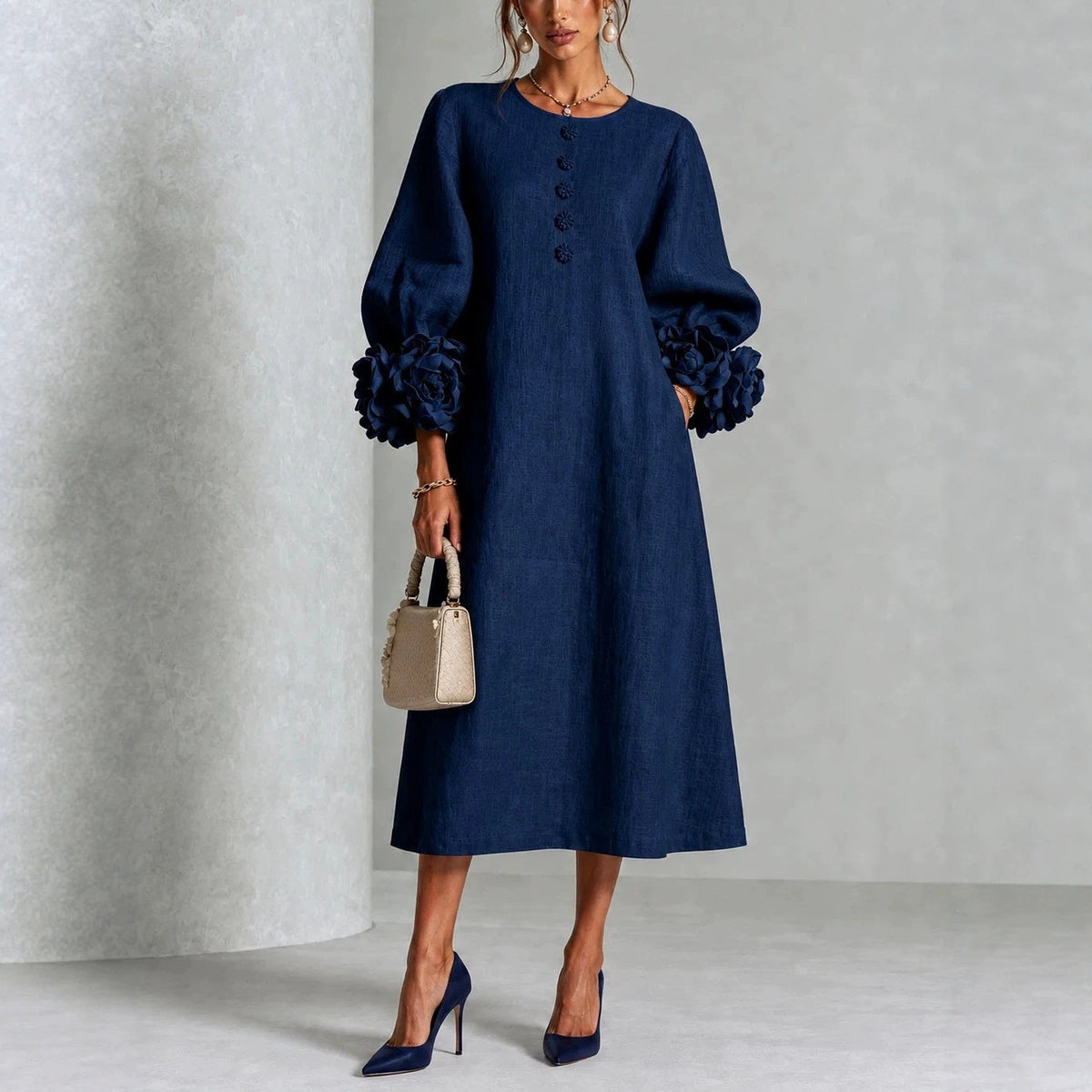 IVY | Abito Midi Floreale con Maniche a Cuffia a Rosa