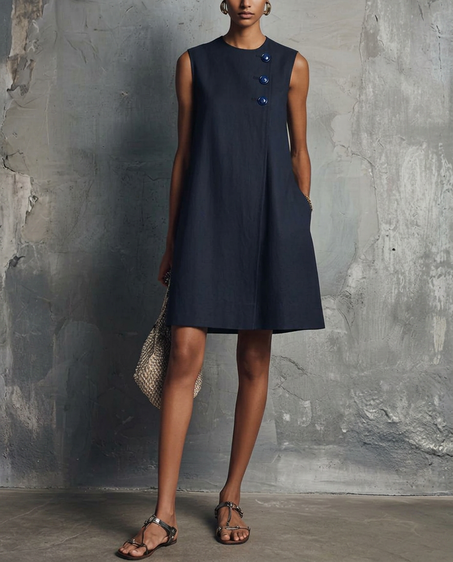 AUBREY | Abito Mini con Collo Rotondo e Bottoni Asimmetrici
