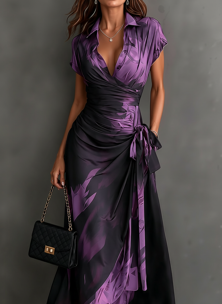 ELISA | ABITO MIDI WRAP CON STAMPA ABSTRACT VIOLA