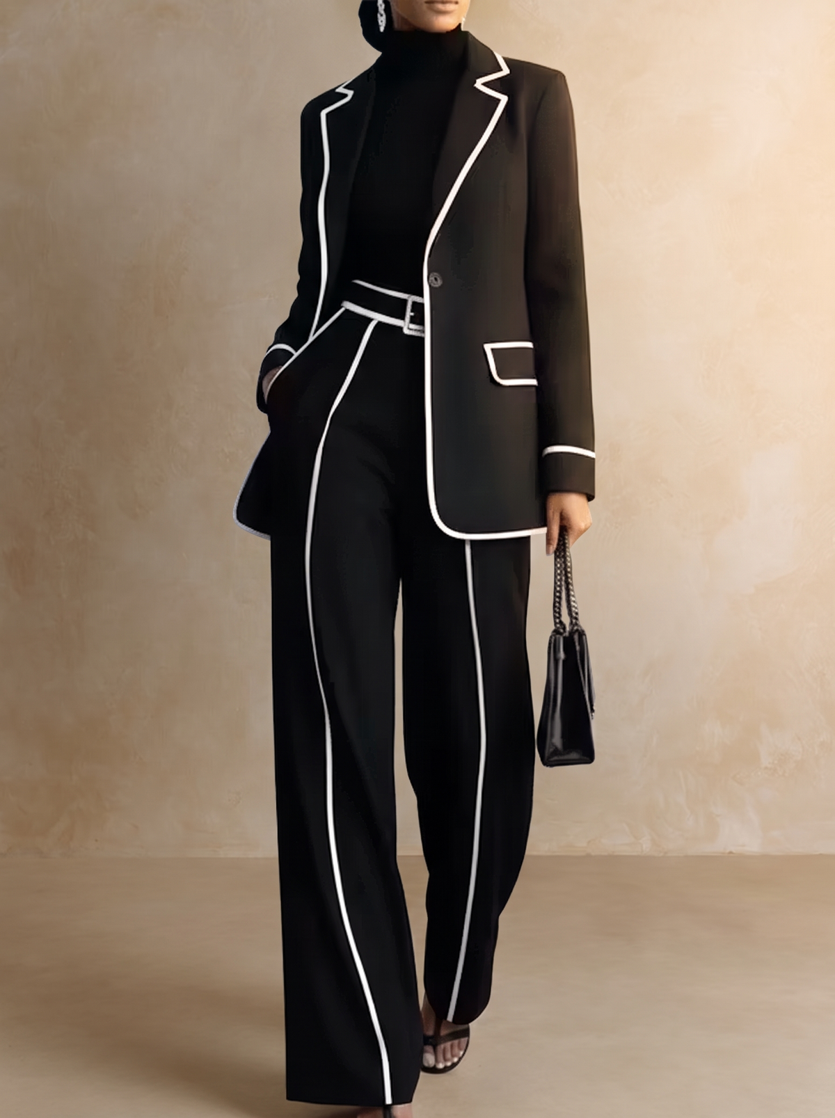Claudia | Completo di Due Pezzi con Blazer a Righe Nere a Contrasto e Pantaloni a Gamba Larga