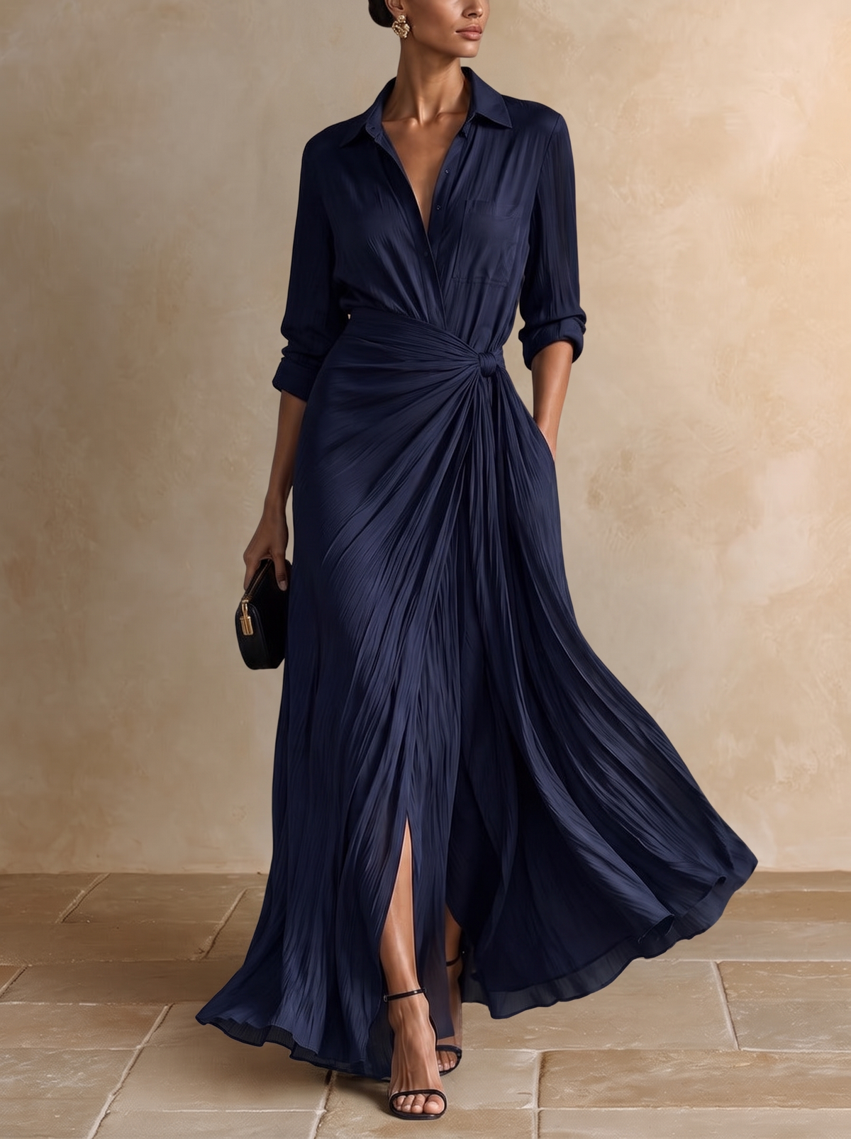 Gabriella | Elegante Vestito Camicia Maxi Blu Marino Annodato