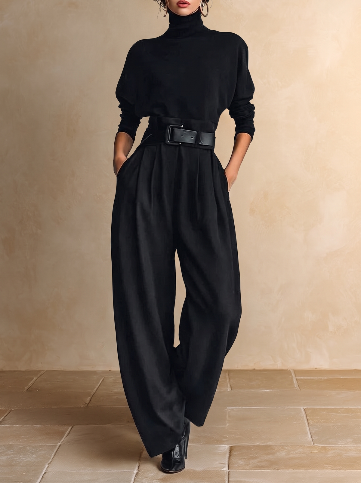 Ginevra | Completo Nero con Collo Alto e Pantaloni Dritti