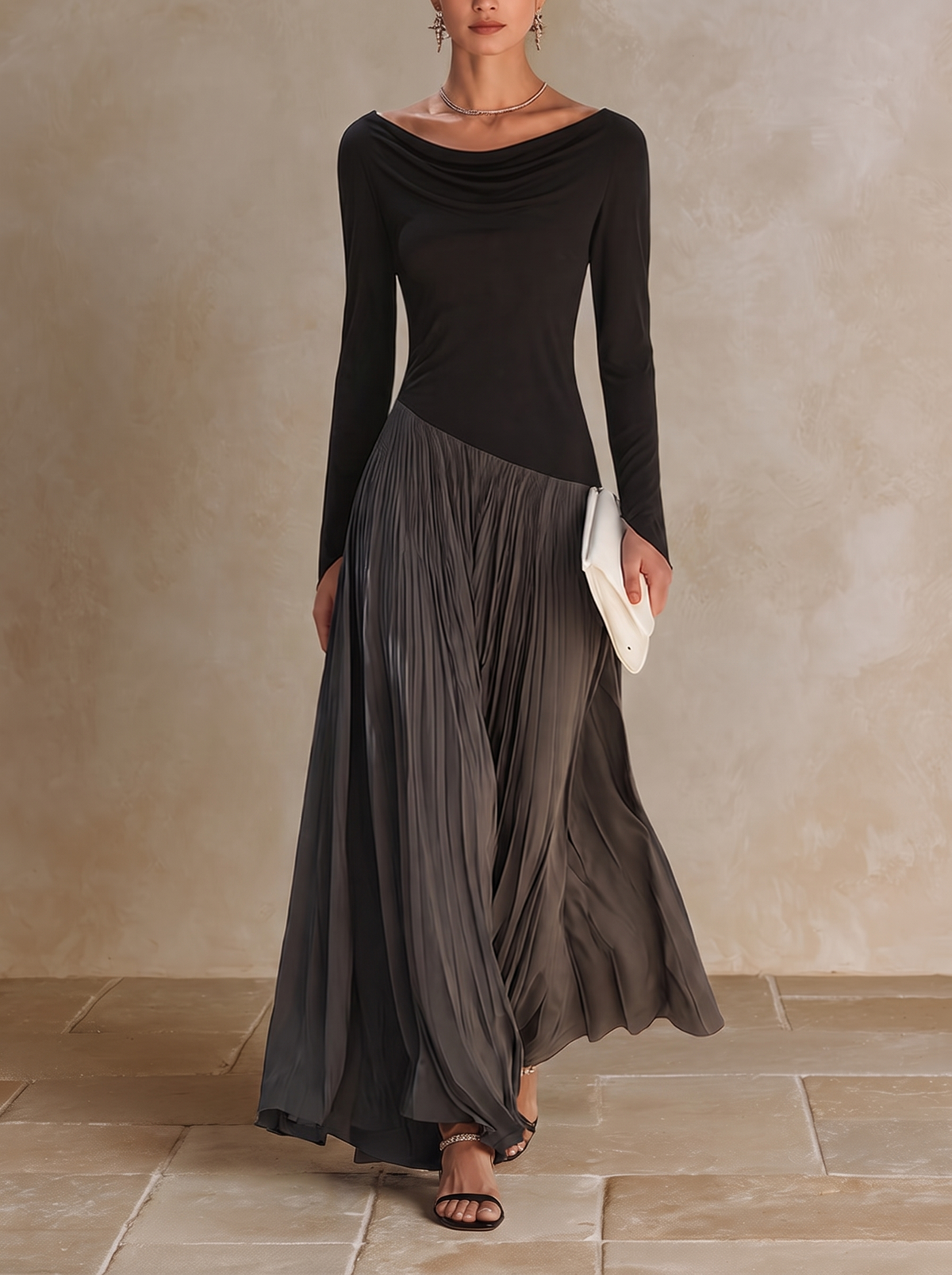 Marina | Vestito Maxi Plissettato con Collo Drappeggiato Bicolore Nero e Grigio