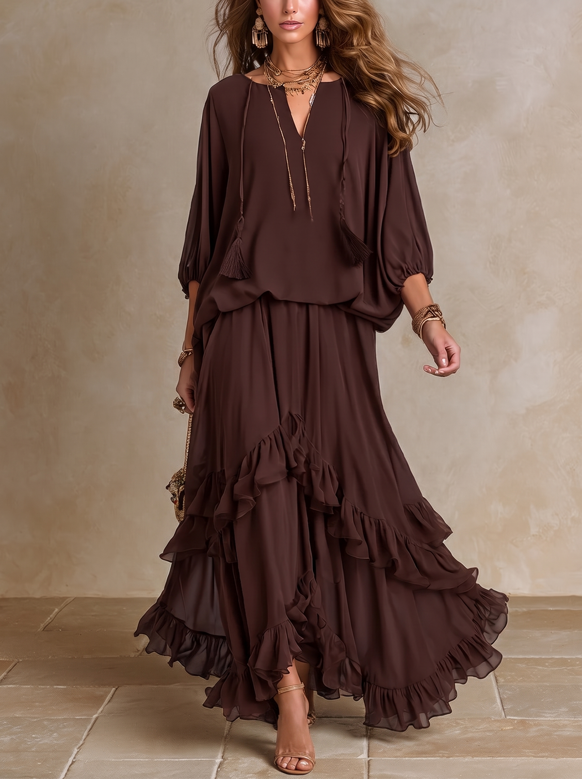 Manuela | Top in Chiffon Marrone con Frange e Scollatura a V Combinato con Gonna a Volant a Strati