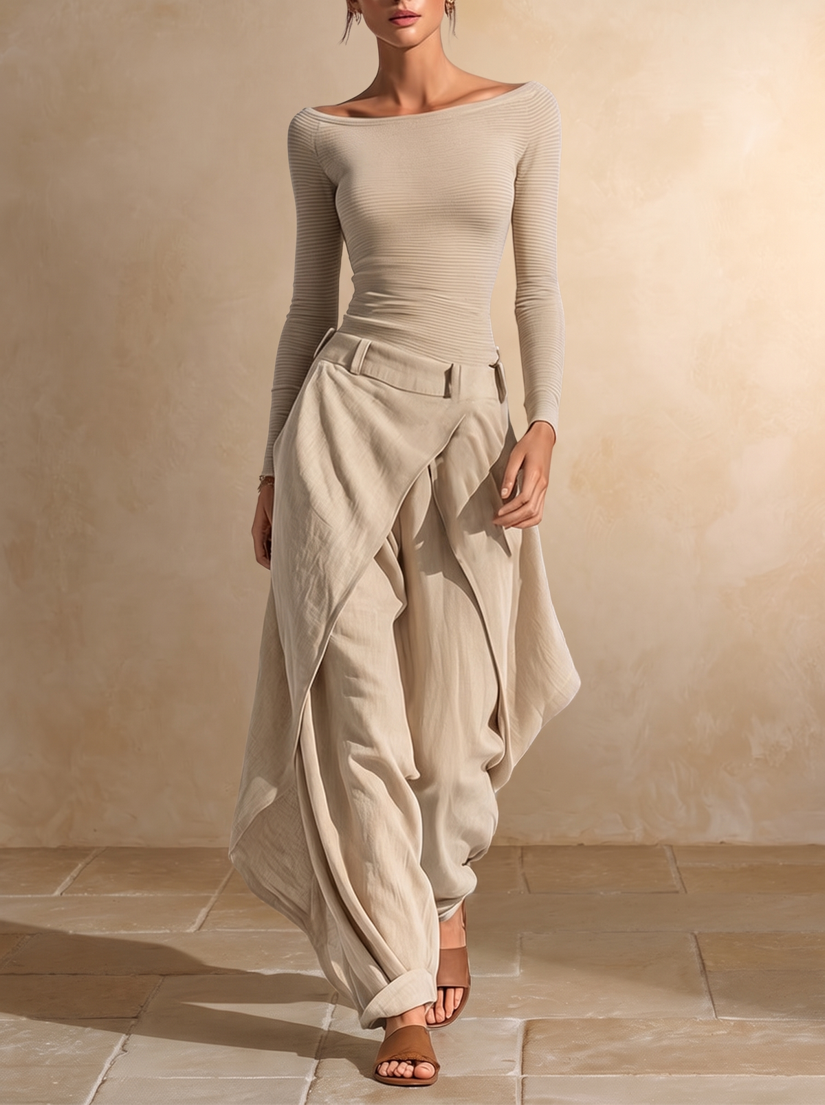 Giuliana | Completo Top Beige con Collo Barco e Pantaloni a Gamba Larga in Strati