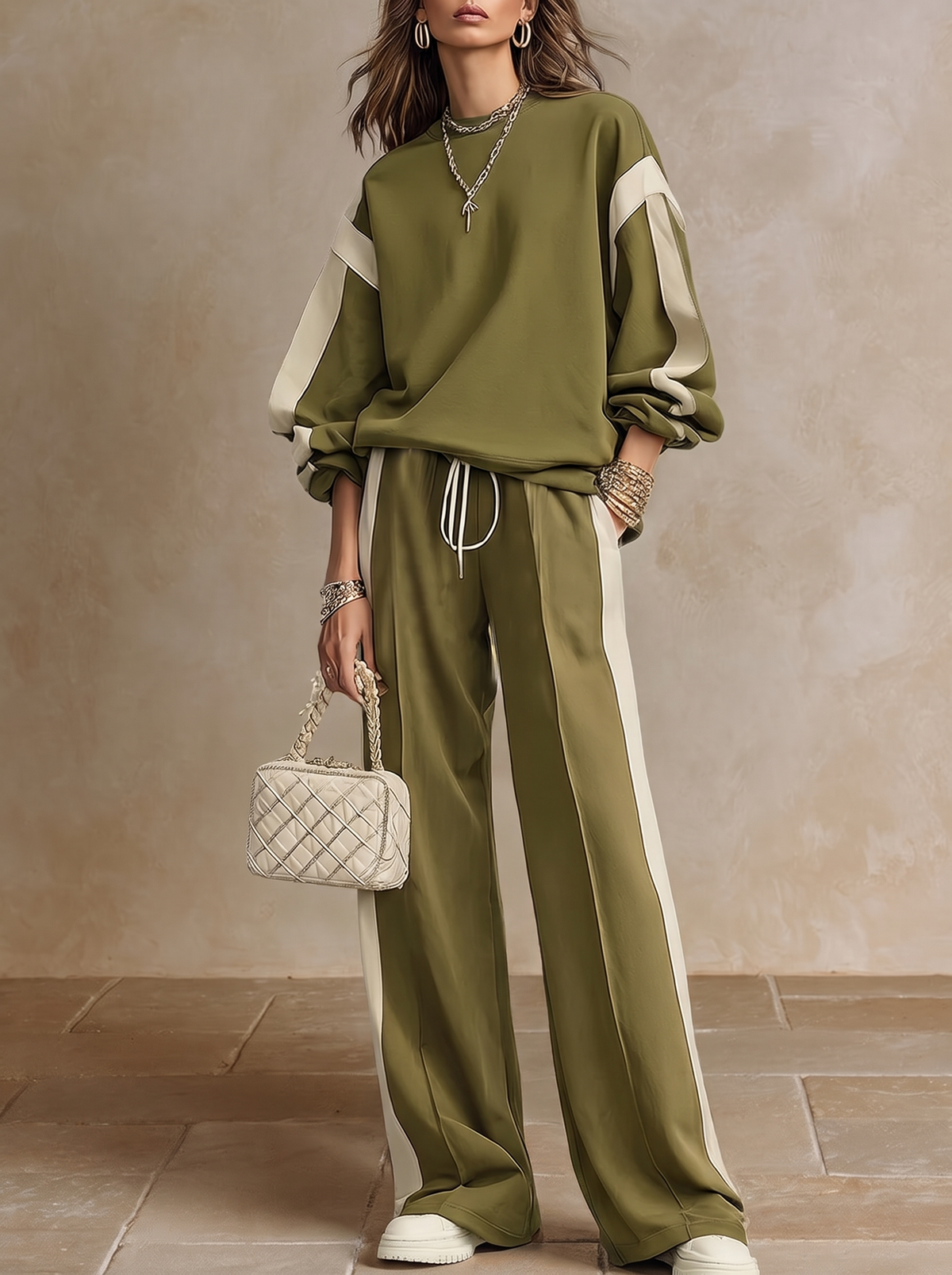 Sonia | Completo Casual in Felpa Verde Oliva con Collo Rotondo e Pantaloni Larghi con Coulisse