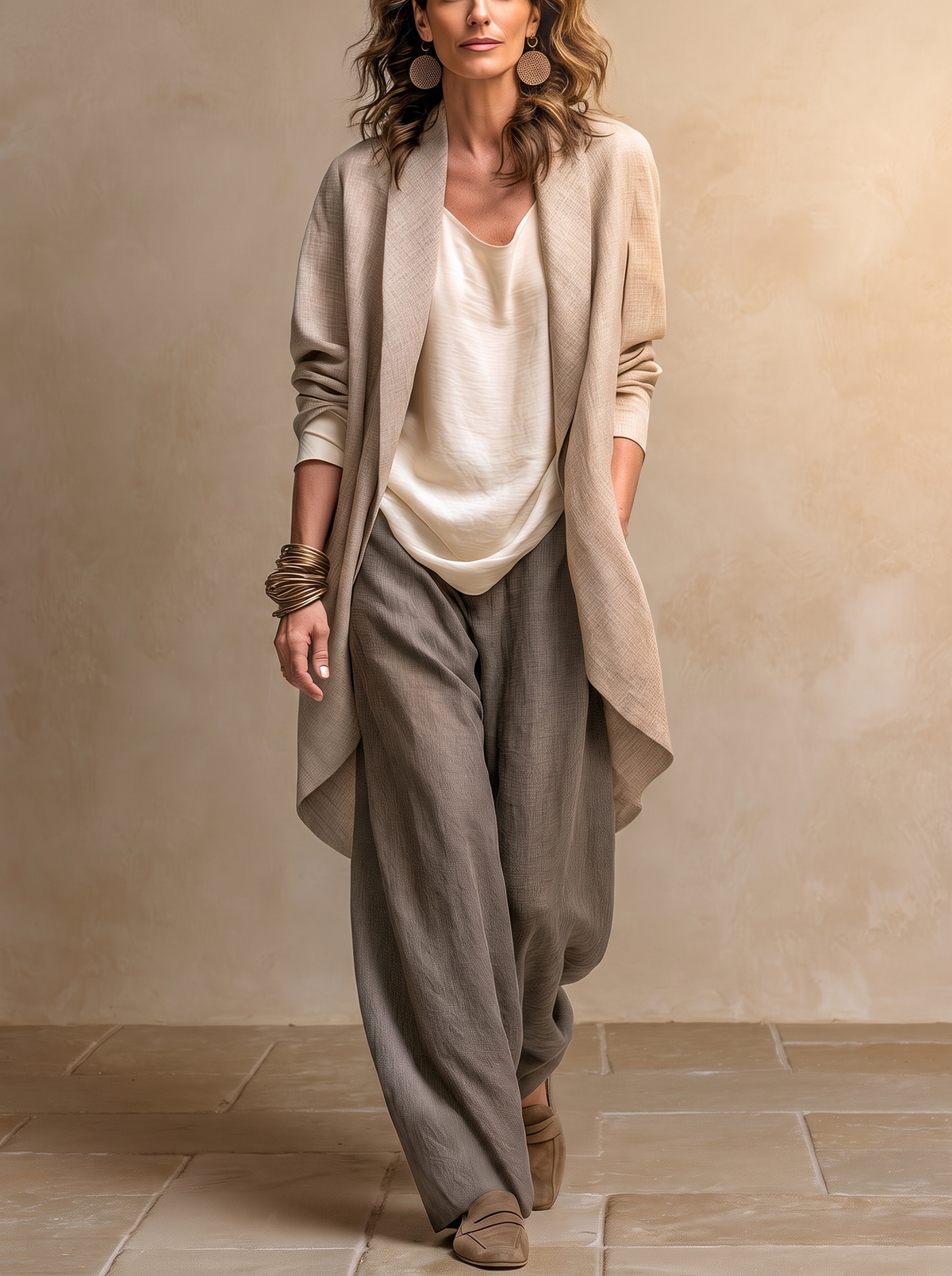 Costanza | Completo di Tre Pezzi Beige e Grigio, Casual a Strati, con Pantaloni Palazzo, Elegante