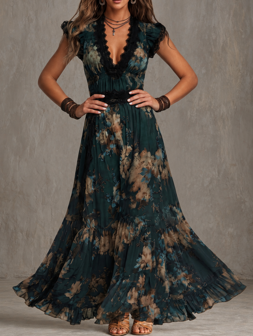 Luz | Abito lungo in chiffon vintage verde scuro con pizzo floreale