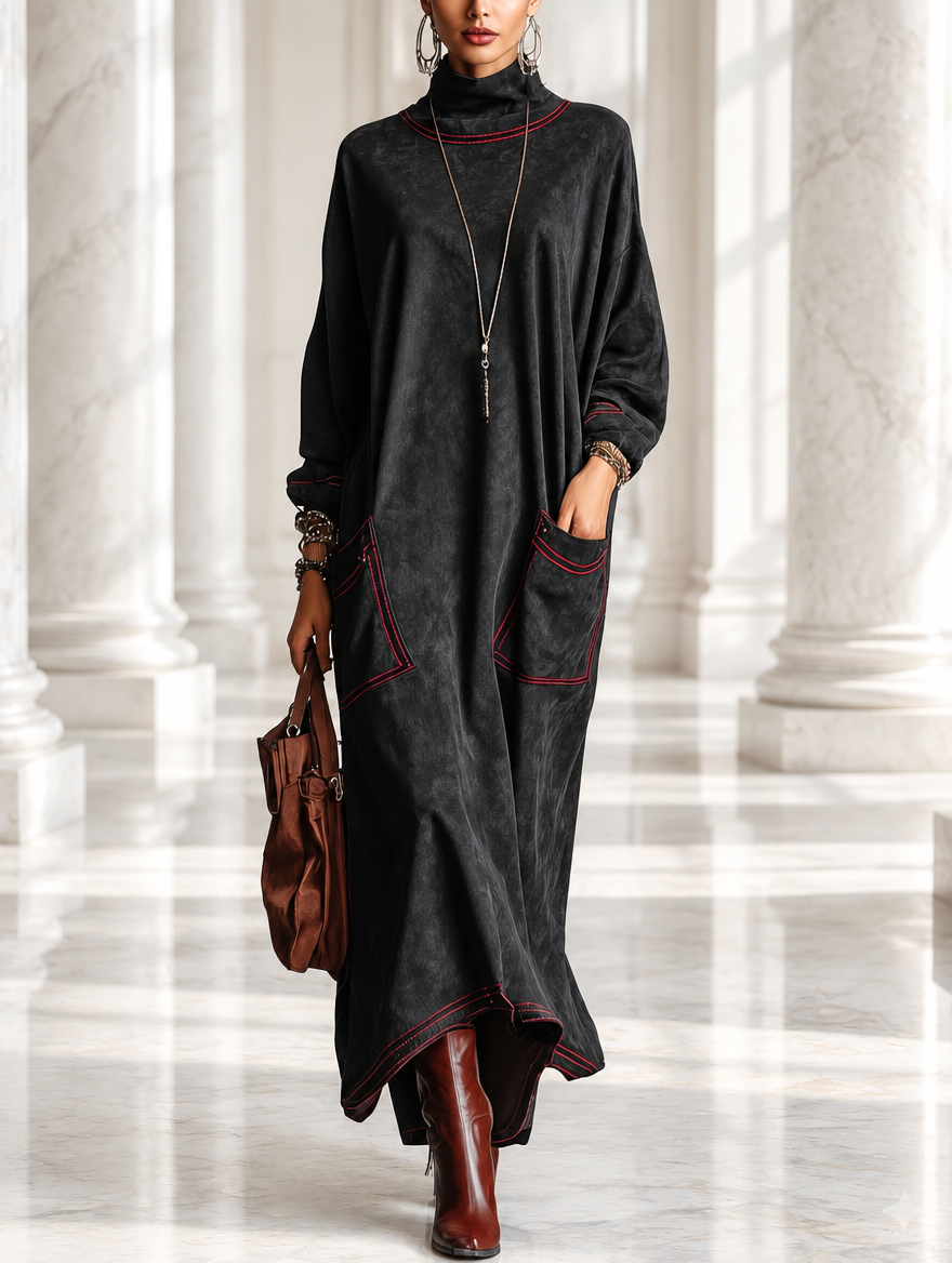 Estela | Abito lungo in suede sintetico nero con cuciture a contrasto rosso e tasche a toppa