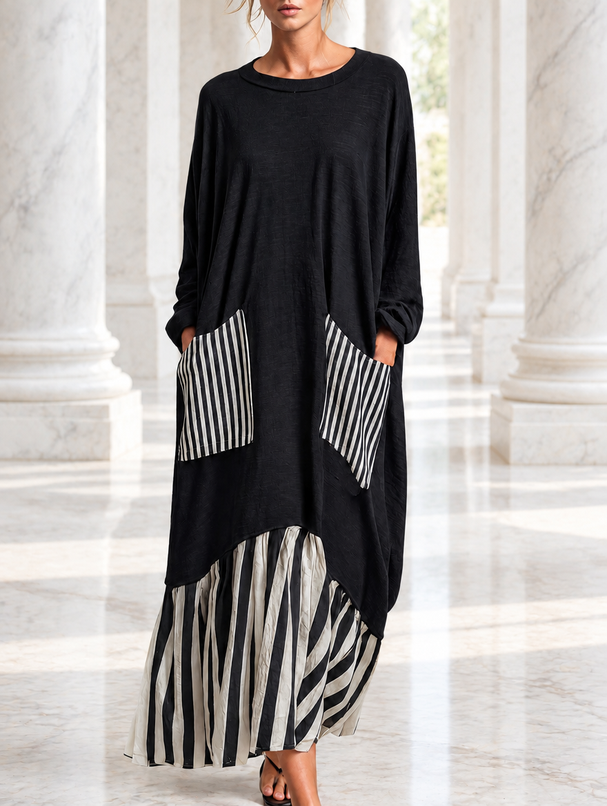 Alba | Vestito lungo oversize in cotone nero con righe stile patchwork