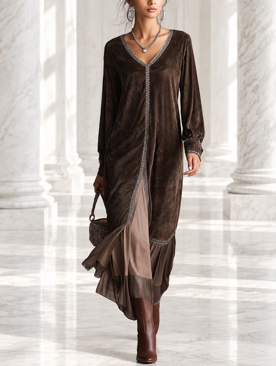 Teresa | Vestito midi ampio in camoscio sintetico con scollo a V e dettaglio di bordo