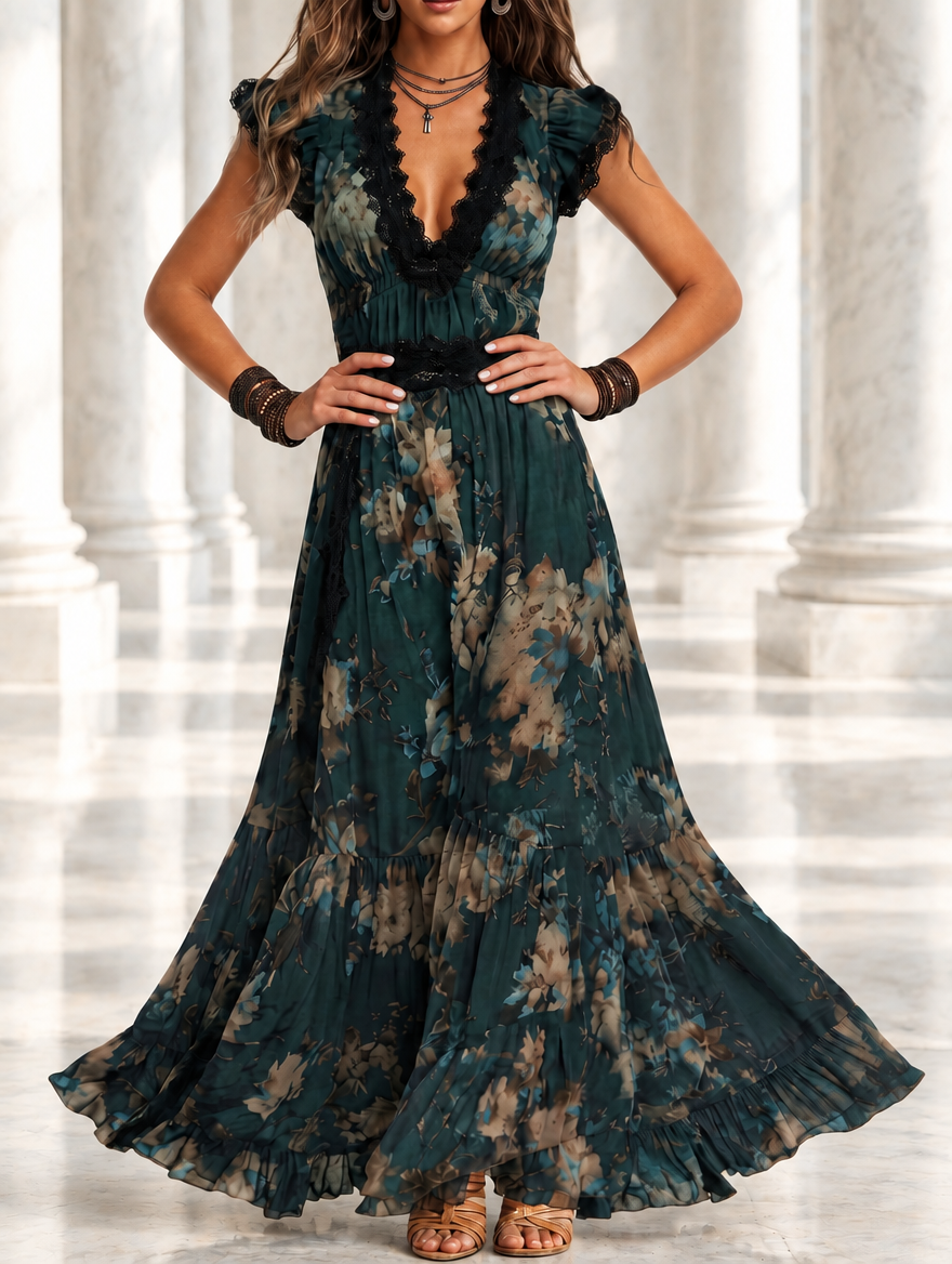 Luz | Abito lungo in chiffon vintage verde scuro con pizzo floreale