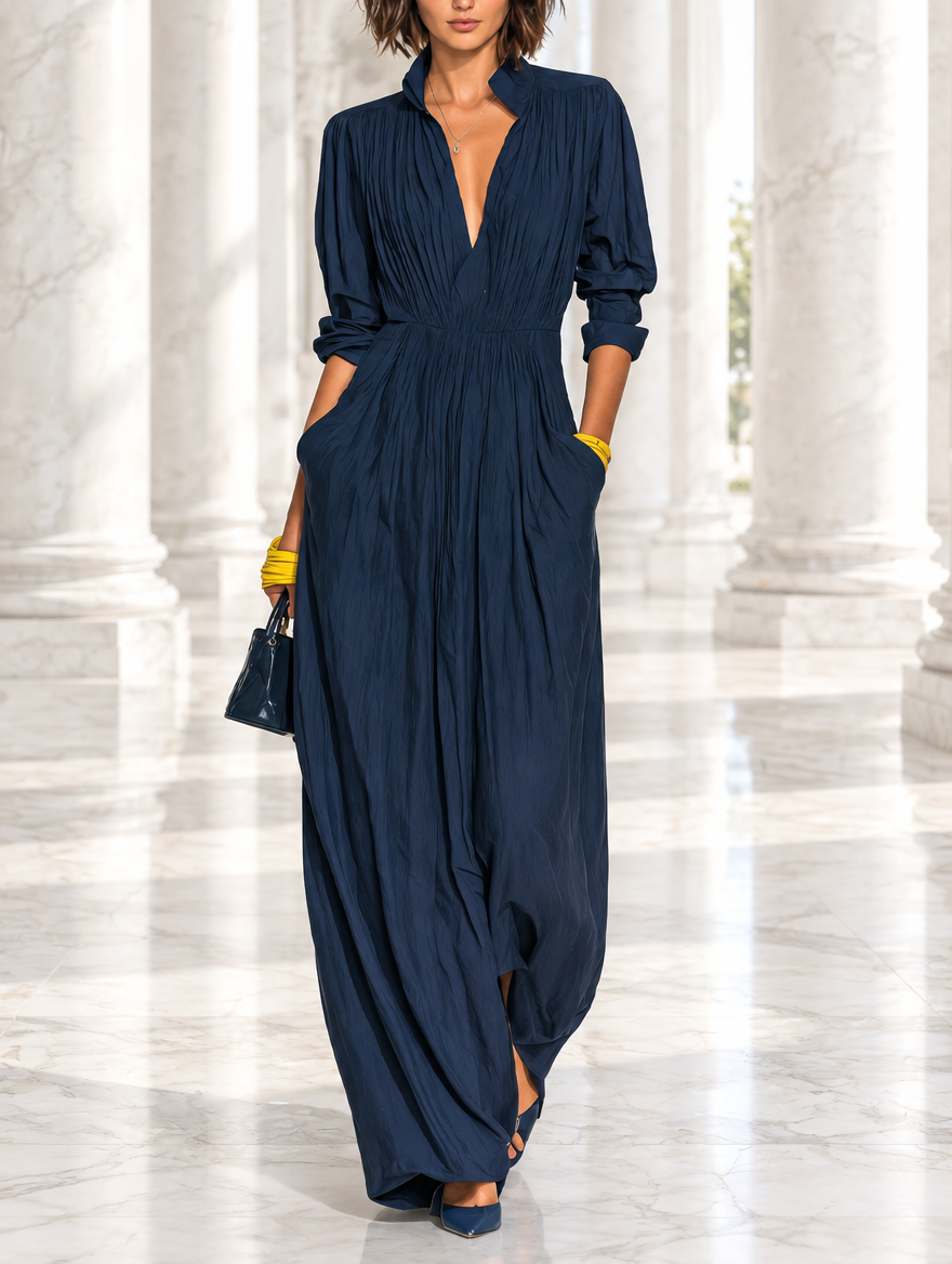 Alma | Vestito lungo plissettato blu navy con scollatura a V