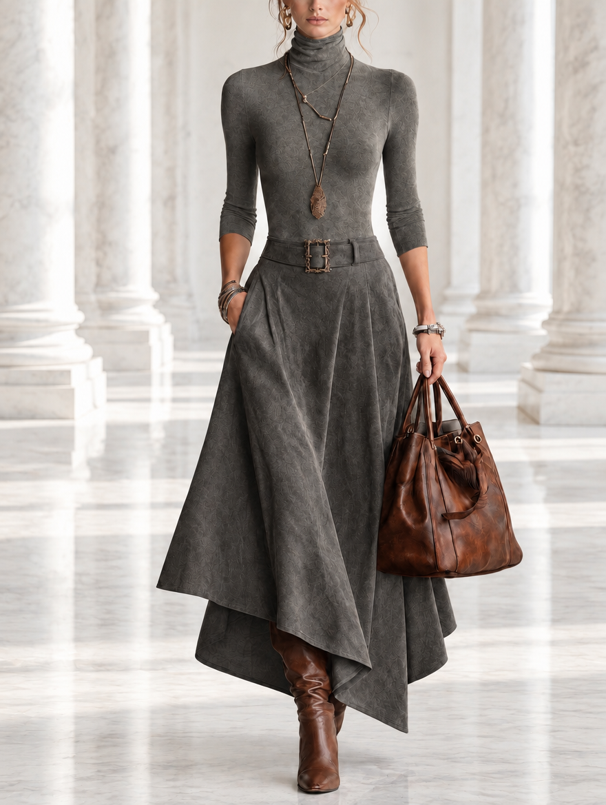 Carmen | Completo di top a collo alto grigio e gonna midi asimmetrica in camoscio sintetico (con cintura)