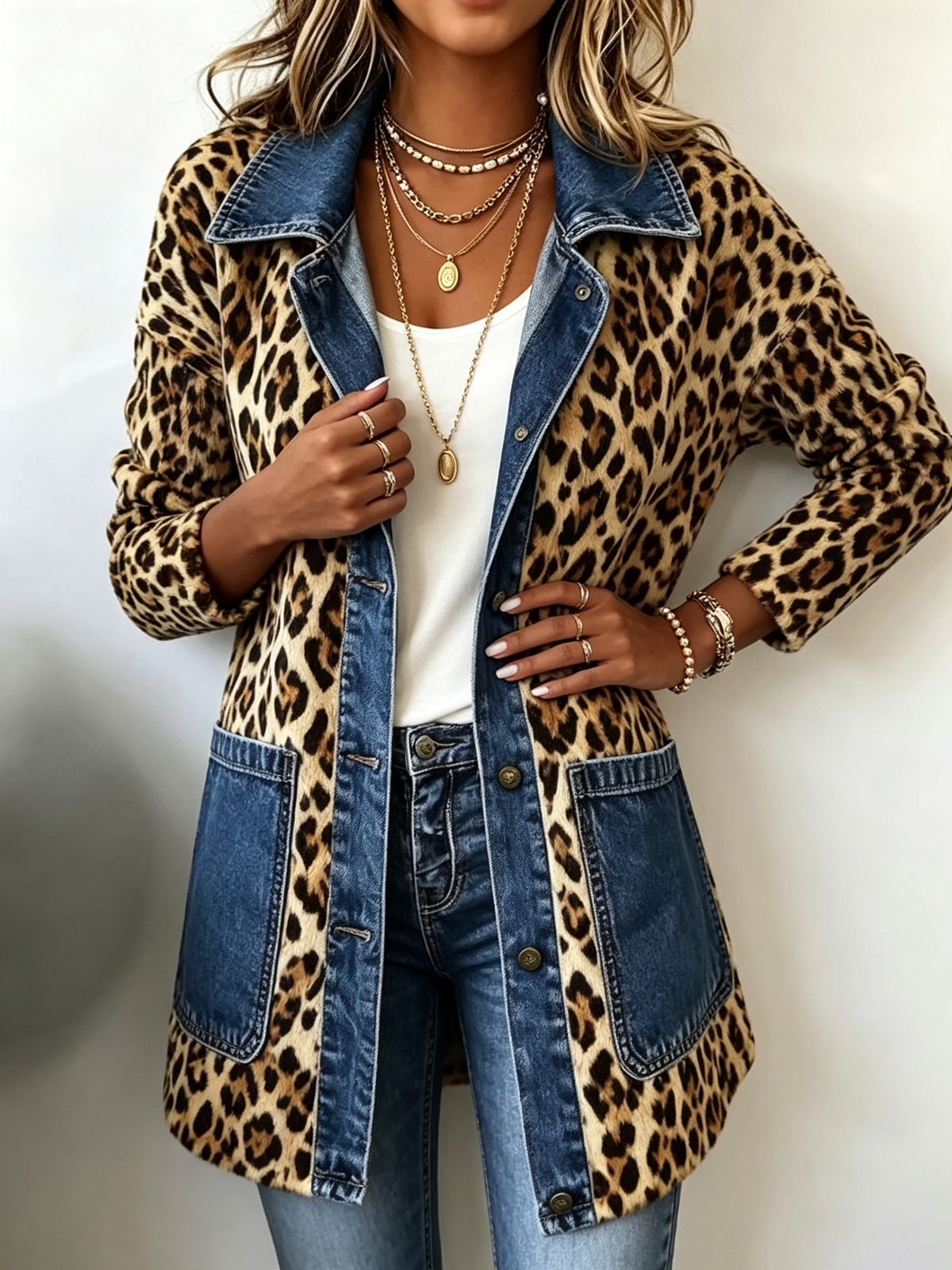 Fablenne™ | Giacca lunga a pannelli in denim con stampa leopardata