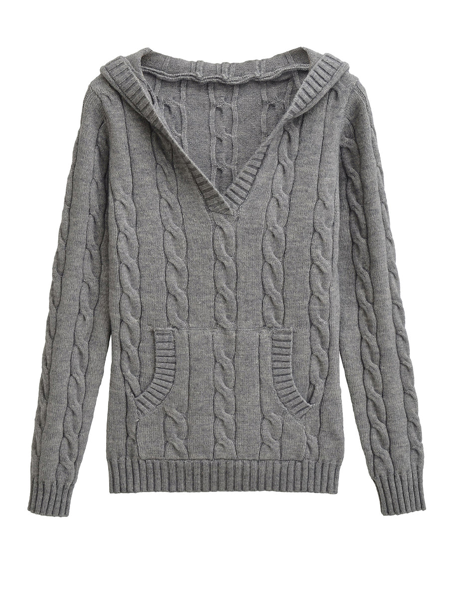 Corabelle | Maglione a V con cappuccio in lavorazione a trecce