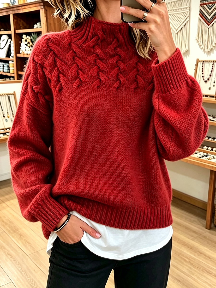 Amelia™ | Maglione a collo alto lavorato a maglia a treccia in stile basket