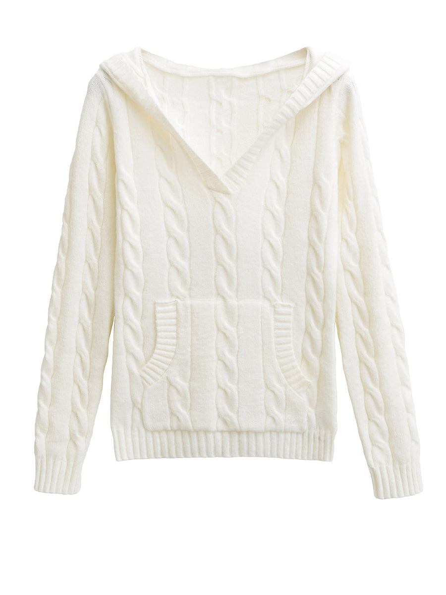 Corabelle | Maglione a V con cappuccio in lavorazione a trecce