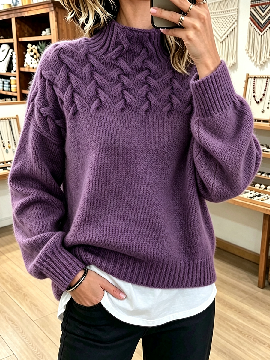 Amelia™ | Maglione a collo alto lavorato a maglia a treccia in stile basket