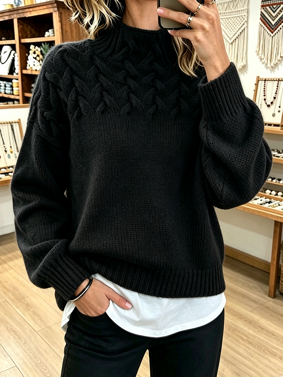 Amelia™ | Maglione a collo alto lavorato a maglia a treccia in stile basket