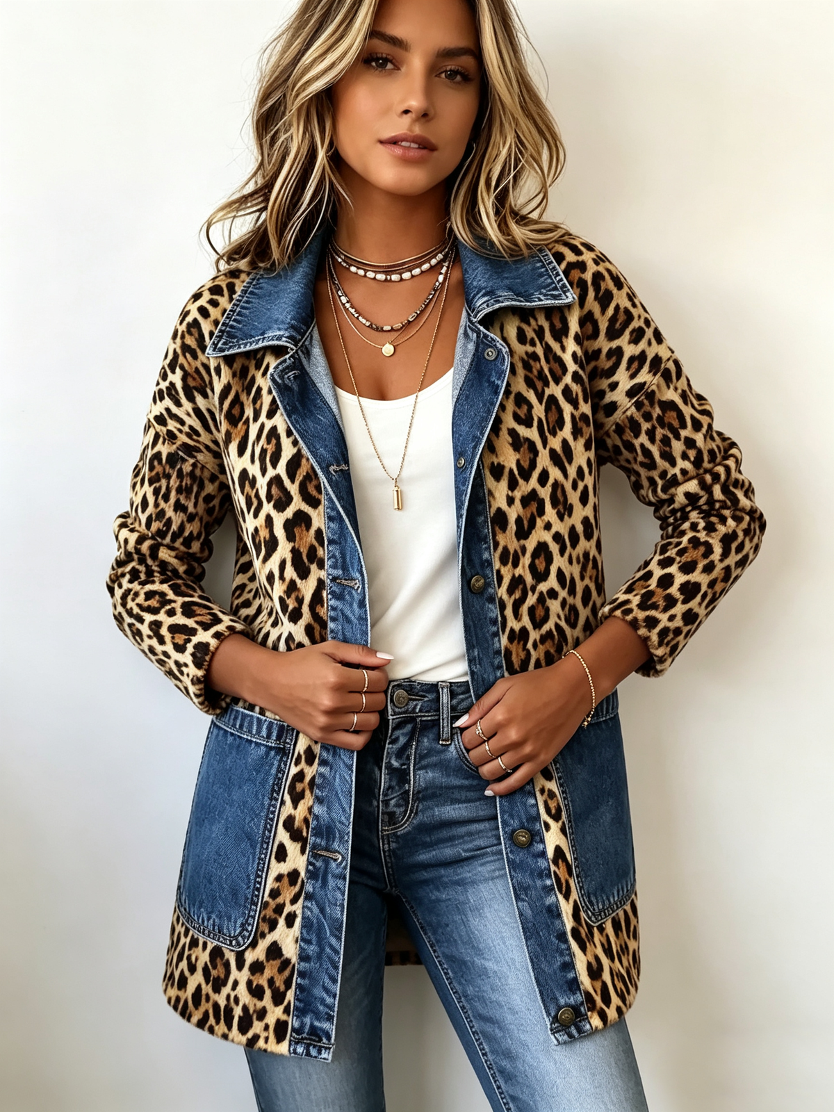 Fablenne™ | Giacca lunga a pannelli in denim con stampa leopardata