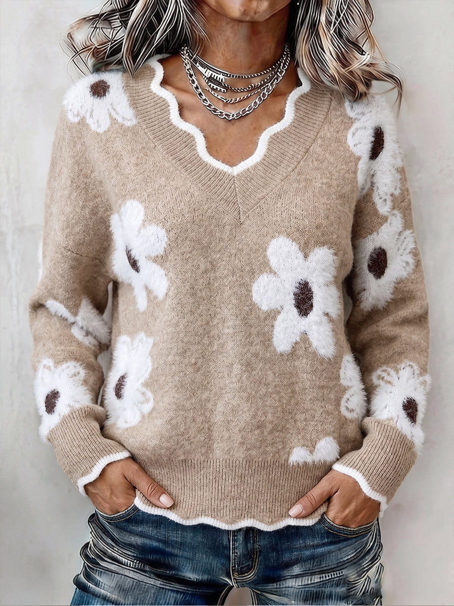 Ellsbeth | Maglione a V con Scollatura Scallopata in Maglia Floreale