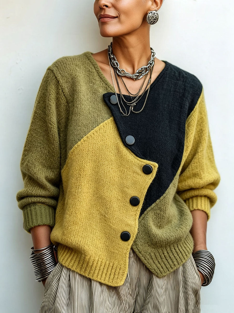 Maglione a Maglia Color Block Asimmetrico Artistico e Confortevole
