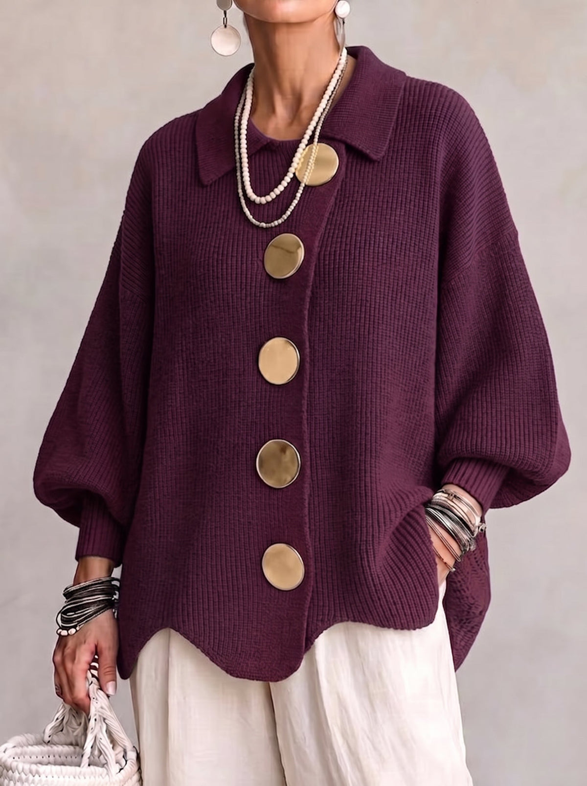 Elvinia™ | Cardigan Oversize con Collo e Grandi Bottoni Metallici