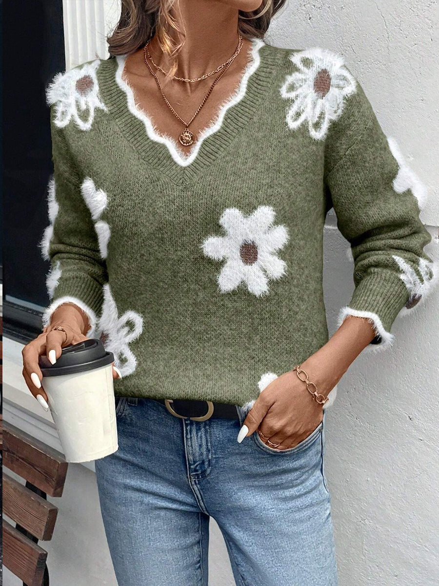 Ellsbeth | Maglione a V con Scollatura Scallopata in Maglia Floreale