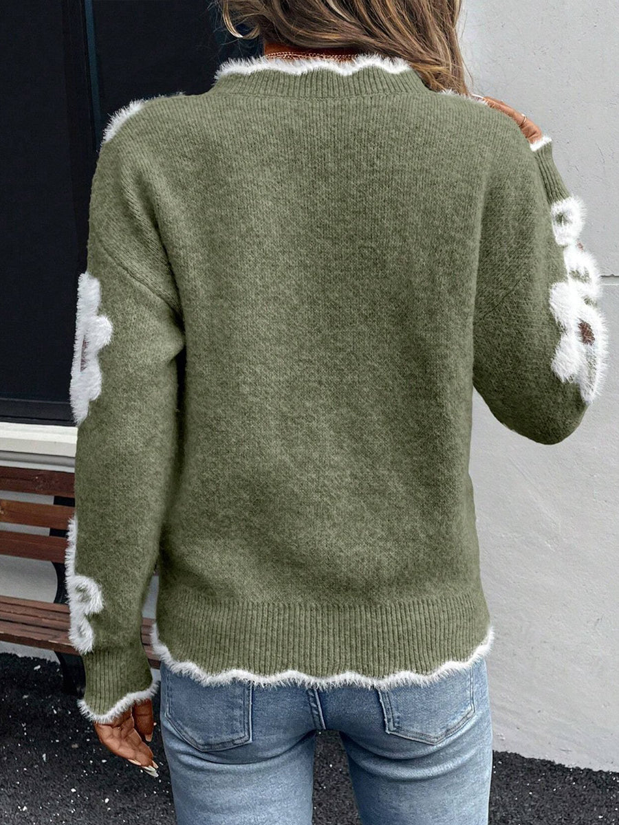 Ellsbeth | Maglione a V con Scollatura Scallopata in Maglia Floreale