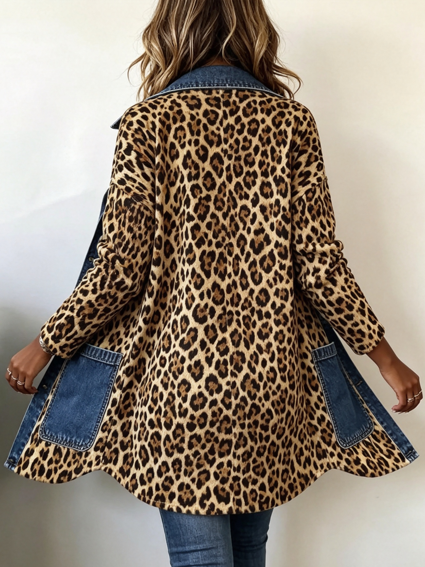 Fablenne™ | Giacca lunga a pannelli in denim con stampa leopardata