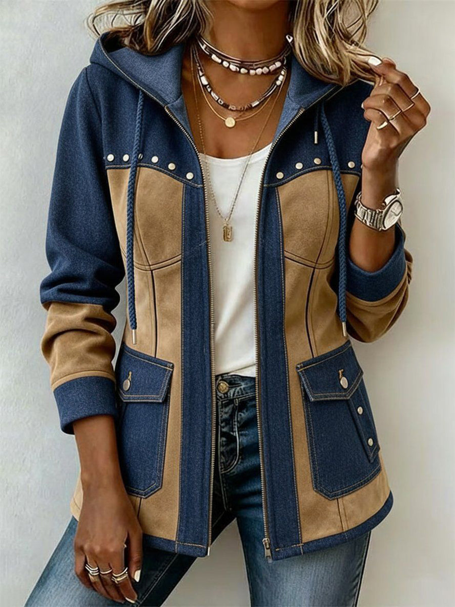 Adriana | Giacca con Cappuccio in Blu Marino e Camel