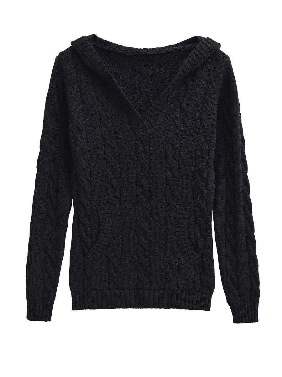 Corabelle | Maglione a V con cappuccio in lavorazione a trecce