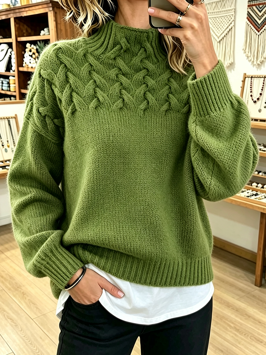 Amelia™ | Maglione a collo alto lavorato a maglia a treccia in stile basket